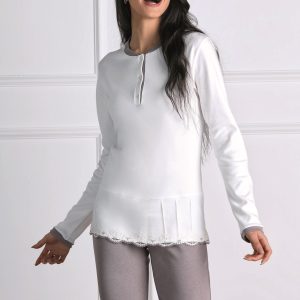 OHANA – Pigiama In Caldo Cotone Con Pizzo – Panna – Polvere