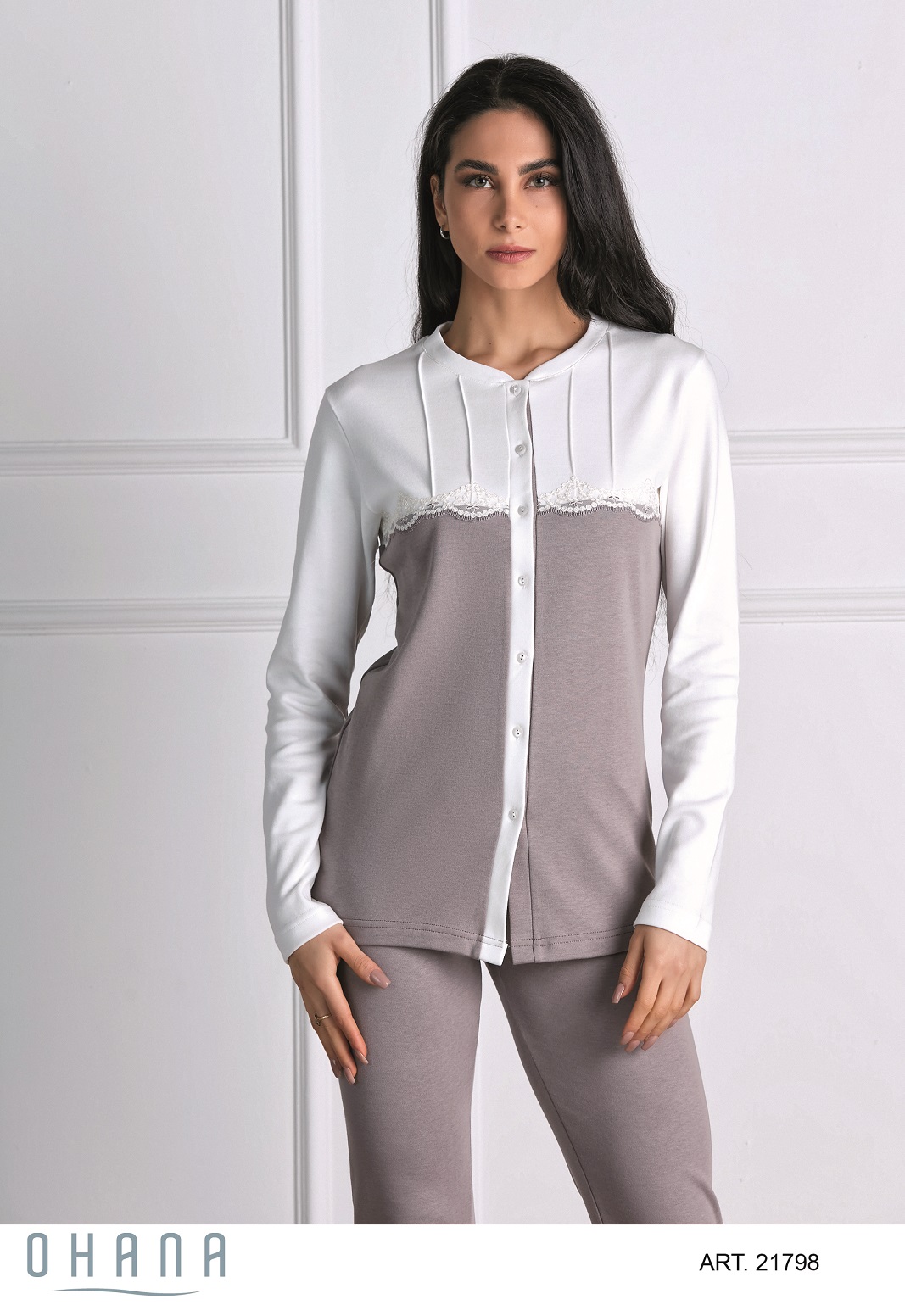 OHANA – Pigiama Aperto In Caldo Cotone – Panna – Rosa Antico