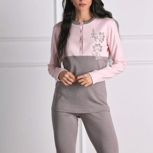 OHANA – Pigiama In Caldo Cotone Con Ricami Floreali – Panna – Polvere