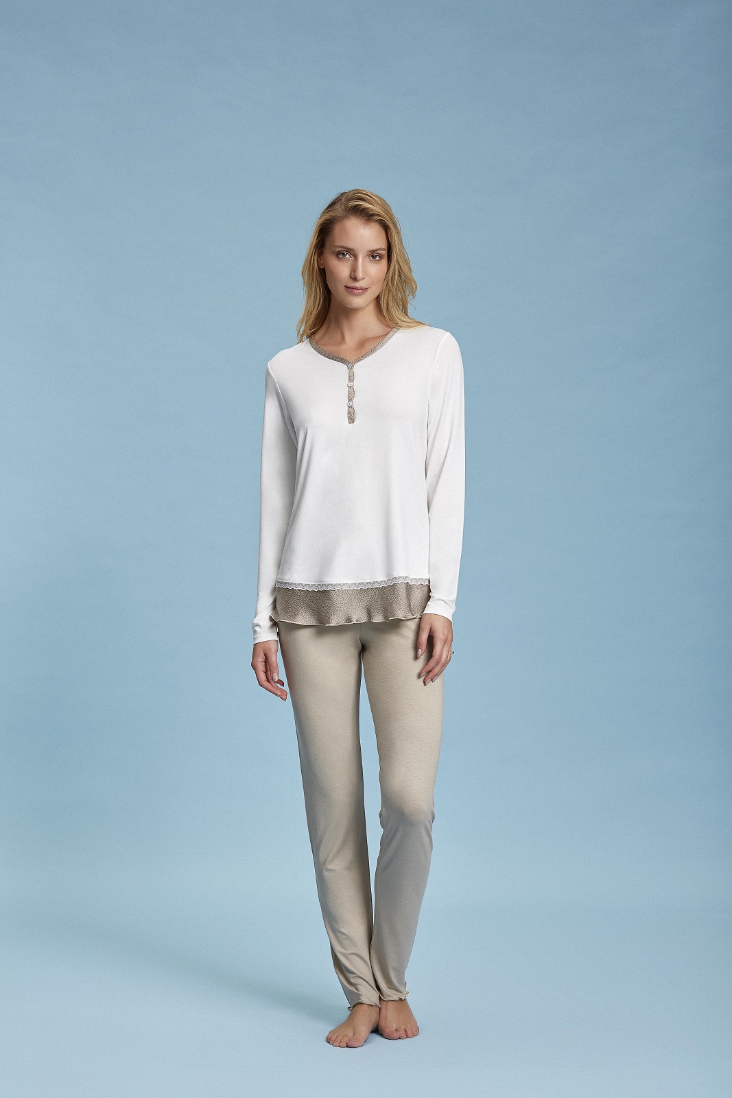 ANDRA – Pigiama Donna Manica Lunga Con Inserti In Raso