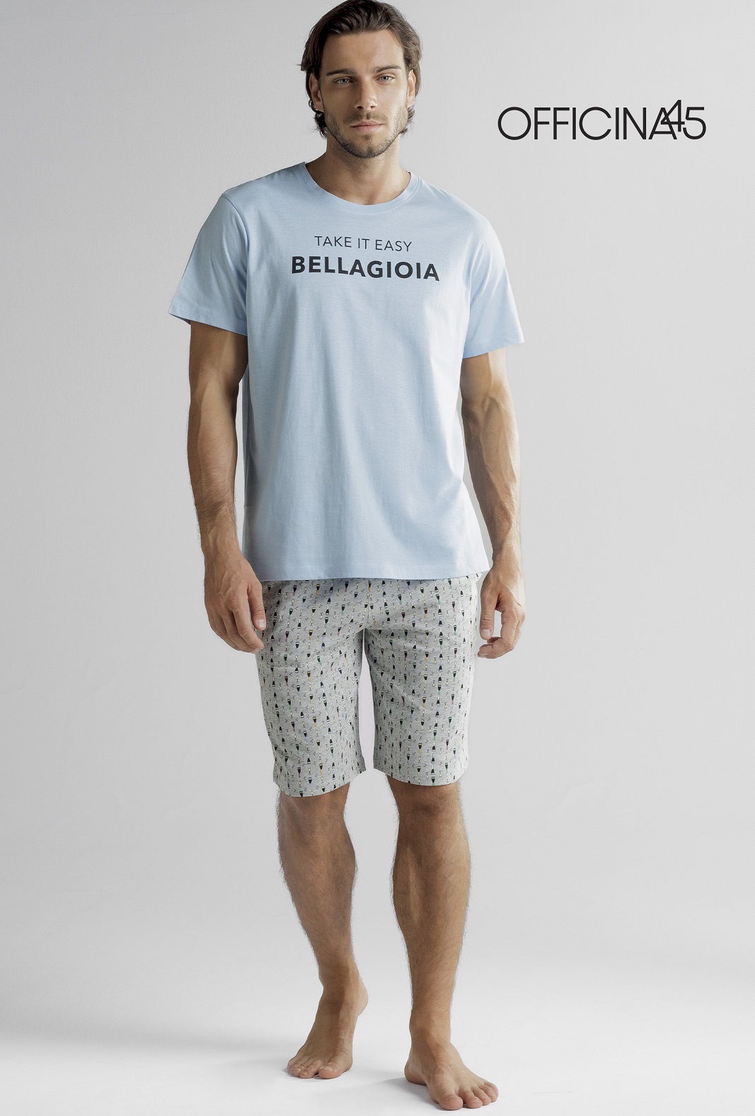OFFICINA45 – Pigiama Corto In Cotone Jersey – Sky/Grey Melange – White/Sky - immagine 2