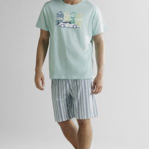 OFFICINA45 – Pigiama Uomo Corto In Cotone Jersey – Acqua/Blue – White/Mint