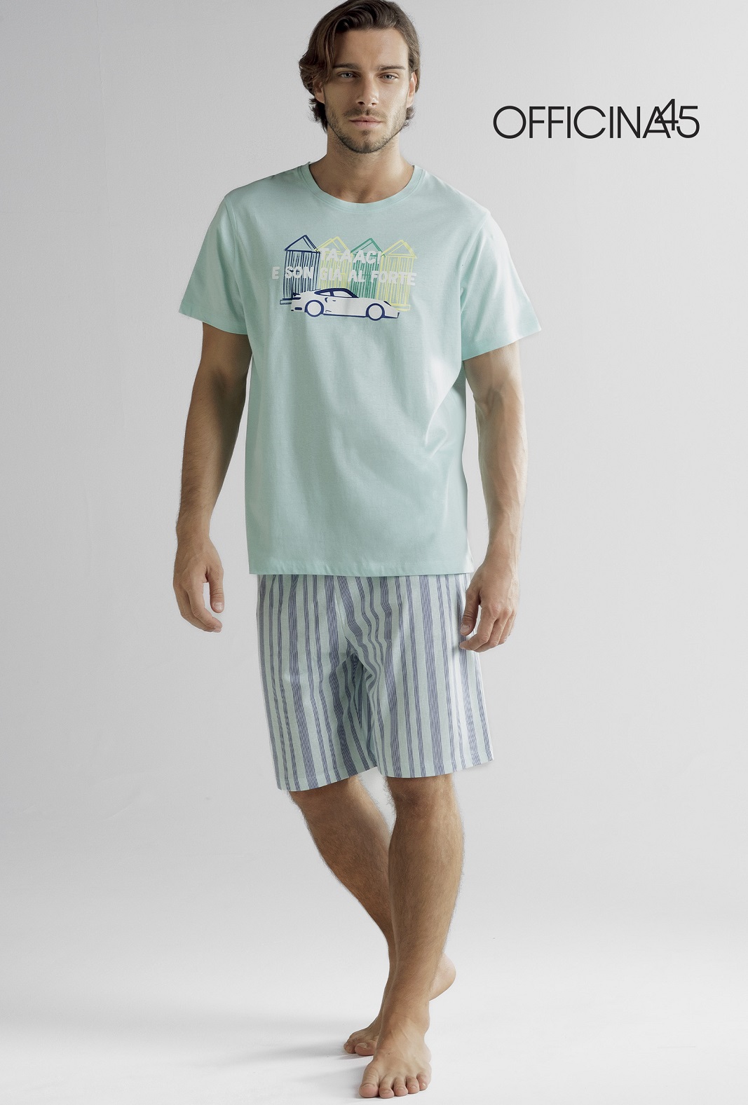 OFFICINA45 – Pigiama Uomo Corto In Cotone Jersey – Acqua/Blue – White/Mint - immagine 2