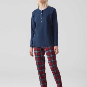 RAGNO – Pigiama Donna In Caldo Cotone Tartan Con Dettagli A Contrasto – Blu