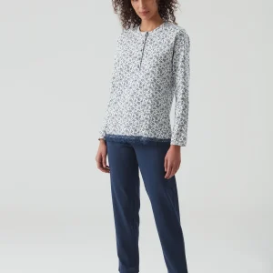 RAGNO – Pigiama Donna In Caldo Cotone Con Stampa Damascata – Blu Marino