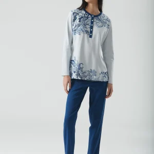 RAGNO – Pigiama Donna Cotone Caldo Con Stampa Damascata – Ghiaccio