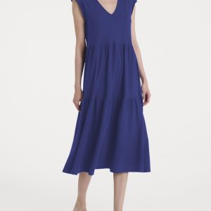 RAGNO – Abito Mare Donna in Cotone con Scollo a V e Balze – Skipper blue – Cattleya Orchid