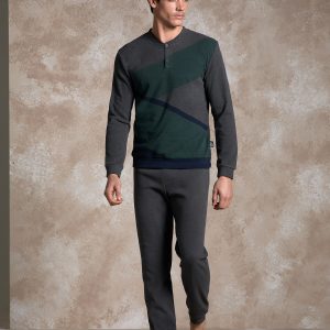 ENRICO COVERI – Pigiama Uomo In Punto Milano Con Fantasia Geometrica – Grigio – Blu