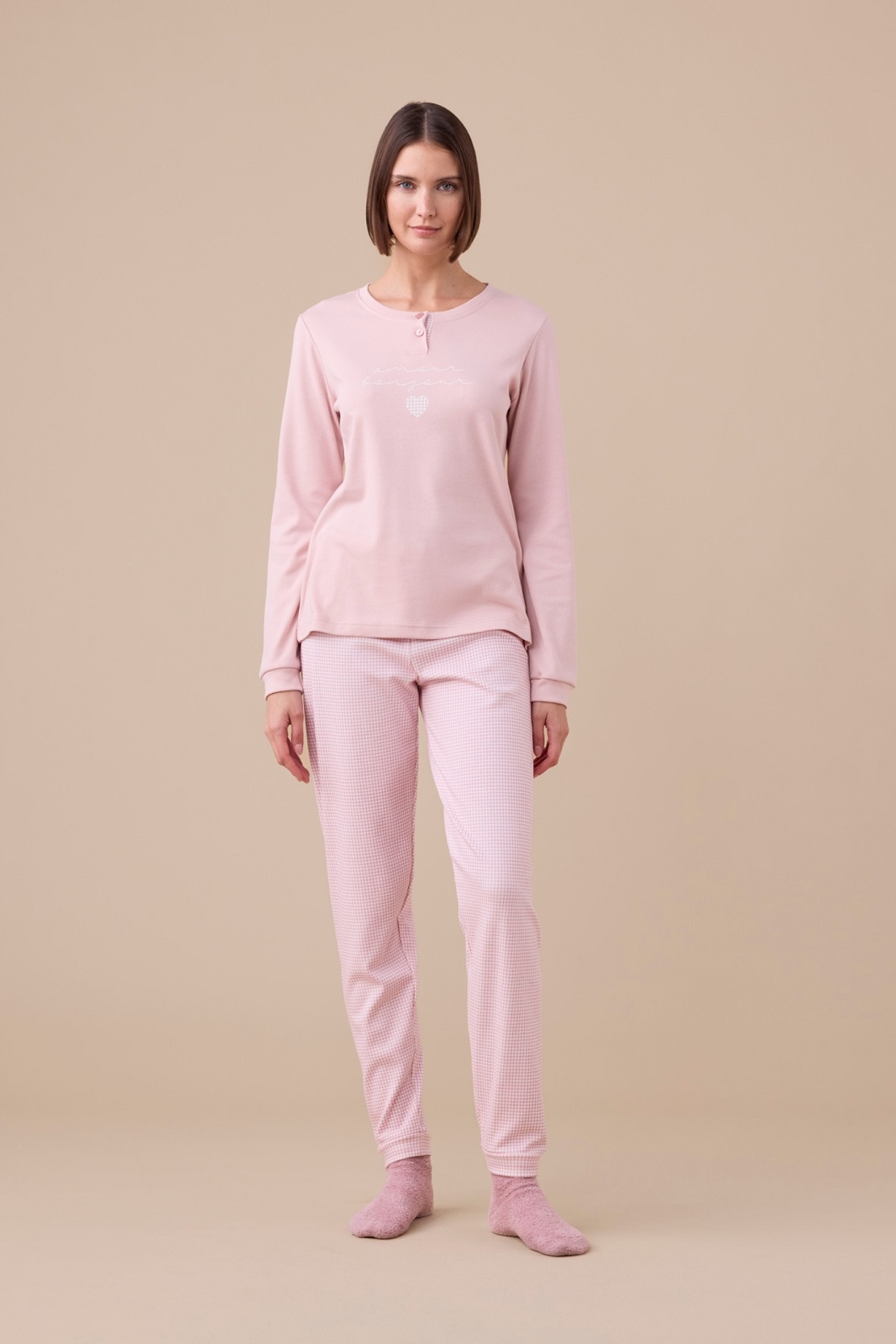 NOIDINOTTE – Pigiama Donna In Caldo Cotone Con Pantalone Pied De Poule – Lilla – Celeste
