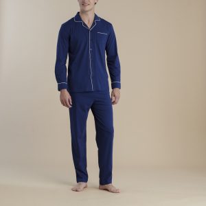 NOIDINOTTE – Pigiama Lungo In Cotone Con Profili A Contrasto – Blu Navy – Blu Riviera