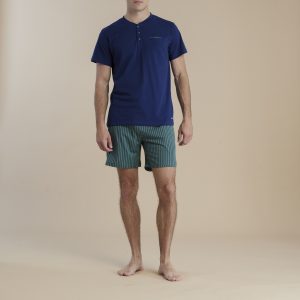 NOIDINOTTE – Pigiama Uomo Corto In Cotone Con Pantaloncino A Righe – Verde – Blu Riviera