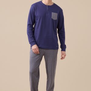 NOIDINOTTE – Pigiama In Caldo Cotone Felpato Con Polsini – Blu Navy+Grigio – Blu Navy+Blu