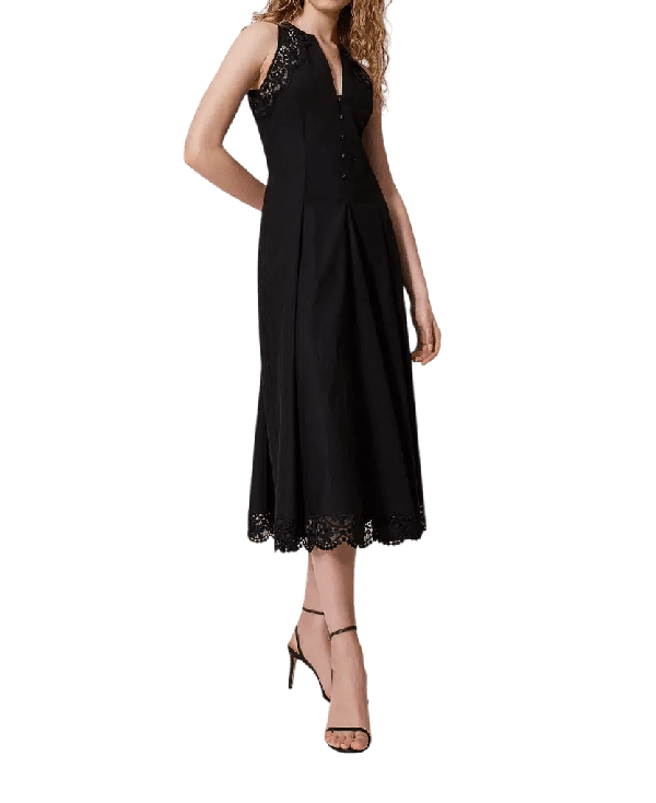 Abito lungo in popeline con pizzo – Twinset - immagine 3