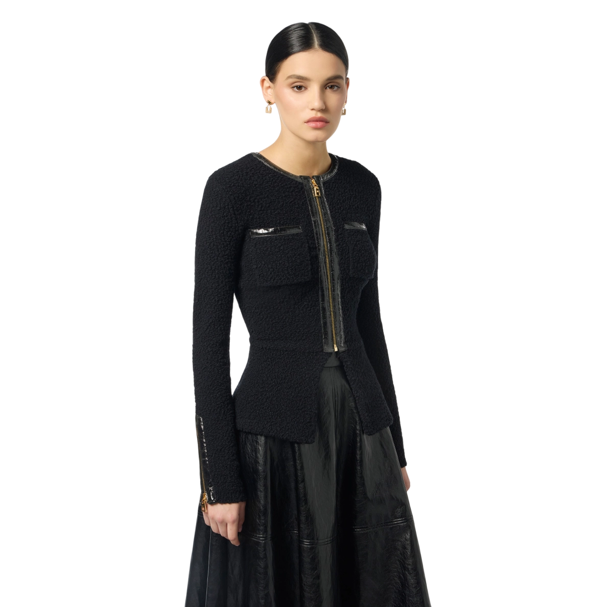 Cardigan in maglia bouclé con dettagli in vinile – elisabetta franchi - immagine 4