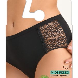 GOLDEN LADY – Slip Midi In Cotone Organico Con Inserti In Pizzo – Nero – Bianco